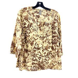 IB Diffusion 3/4 Sleeve Brown Floral Tie Dye Button Boho Top Shirt Size Large